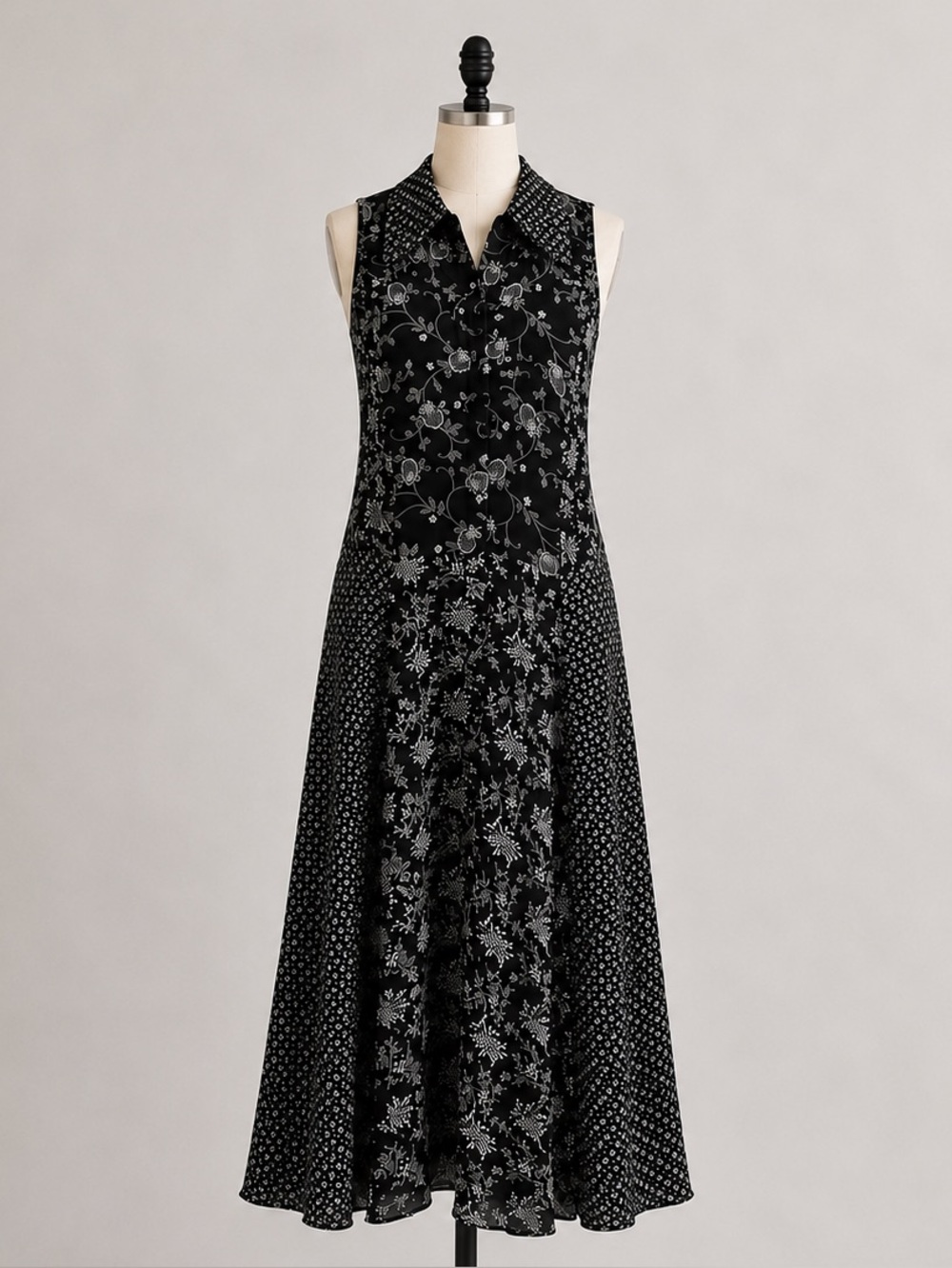 Vintage Black White Floral Maxi Button Front Dress Cottagecore Boho Shirtdress M